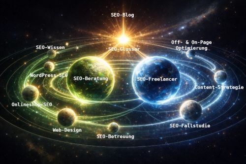 visuelle Darstellung Webseite als Content Hub Planeten Metapher