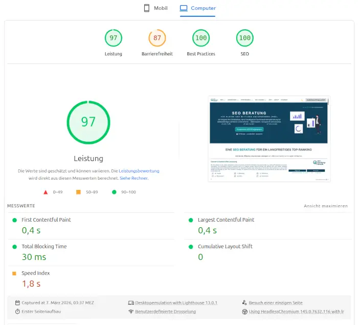 Pagespeed Score Übersicht: Leistung: 97, Barrierefreiheit: 87, Best Practices: 100, SEO: 100